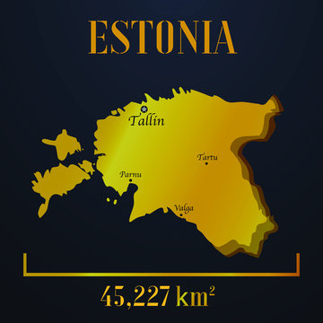 Estonia golden solid country outline silhouette, realistic piece of world map template, for infographic, vector illustration, isolated object, background. From countries set