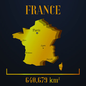 France golden solid country outline silhouette, realistic piece of world map template, for infographic, vector illustration, isolated object, background. From countries set