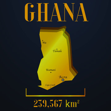 Ghana golden solid country outline silhouette, realistic piece of world map template, for infographic, vector illustration, isolated object, background. From countries set