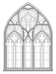 Black and white fantasy drawing for coloring book. Beautiful Gothic stained glass window in French churches. Medieval architecture in western Europe. Worksheet for children and adults. Vector image.