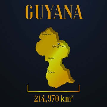 Guyana golden solid country outline silhouette, realistic piece of world map template, for infographic, vector illustration, isolated object, background. From countries set