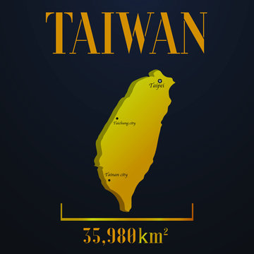 Taiwan golden solid country outline silhouette, realistic piece of world map template, for infographic, vector illustration, isolated object, background. From countries set