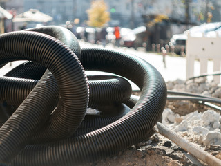 Warehouse of finished plastic pipes industrial outdoors storage site. 