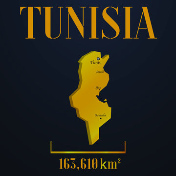 Tunisia golden solid country outline silhouette, realistic piece of world map template, for infographic, vector illustration, isolated object, background. From countries set