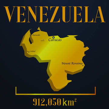 Venezuela golden solid country outline silhouette, realistic piece of world map template, for infographic, vector illustration, isolated object, background. From countries set