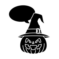 Wall Mural - halloween pumpkin with hat witch and speech bubble vector illustration design