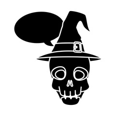 Sticker - skull halloween with hat witch and speech bubble vector illustration design