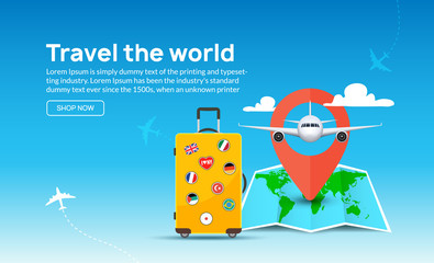 travel tourism banner background. luggage fun tour and bag, airplane travel design