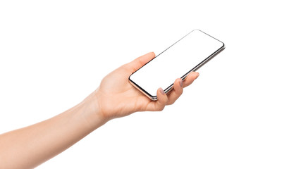 Woman's hand presenting modern smartphone with blank screen