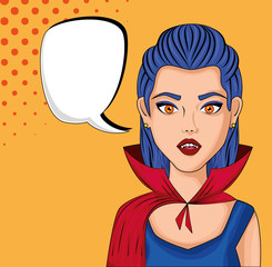 Canvas Print - young woman disguised of vampire with speech bubble style pop art vector illustration design