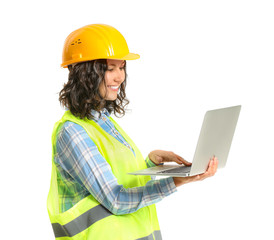 Portrait of female architect with laptop on white background