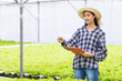 © khwanchai - Asia, Thai woman farmer checking  quality of hydroponic vegetable and note in organic farm