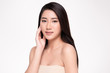 © kitthanes  - Beautiful Asian young woman touching soft cheek and smile with clean and fresh skin. Happiness and cheerful with, isolated on white background, Beauty and Cosmetics Concept,