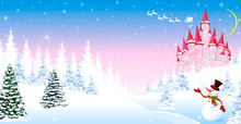 Fairytale Castle Of The Princess On The Background Of The Winter Forest 1. Cartoon Pink Castle On A Background Of A Winter Snowy Forest. Winter Night Landscape With A Pink Castle. Snowman Is Greeting.
