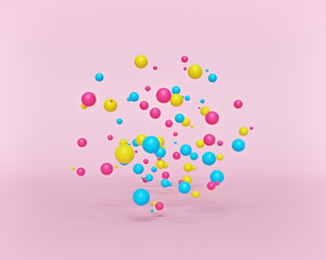 Poster - multicolored flying spheres on pastel background. Minimal concept. 3d rendering