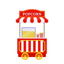 Popcorn Cart. Vector. Pop Corn Machine. Outdoor Shop. Circus, Carnival Stand. Funfair Retro Booth. Vintage Kiosk In Amusement Park. Cartoon Illustration. Icon Isolated On White Background.