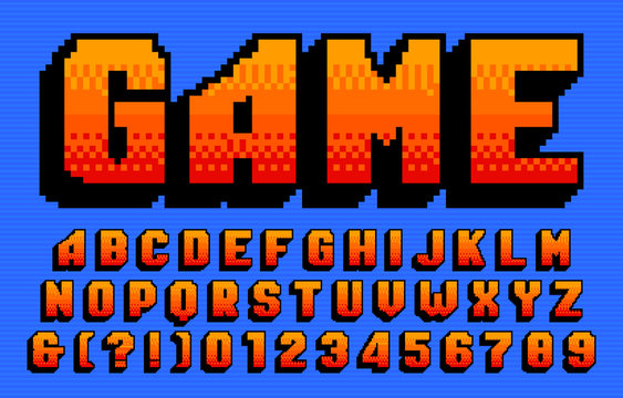 Game alphabet font. 3D pixel letters and numbers. 80s arcade video game typeface.