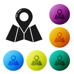 Black Folded map with location marker icon isolated on white background. Set icons colorful circle buttons. Vector Illustration