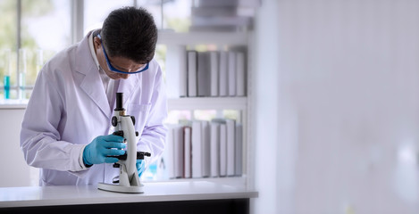 Wall Mural - laboratory concept: scientist researching by microscopy technique in laboratory with copy space.