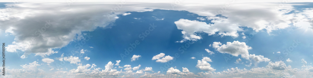 Seamless cloudy blue sky hdri panorama 360 degrees angle view with beautiful clouds  with zenith for use in 3d graphics as sky dome or edit drone shot - obrazy, fototapety, plakaty 