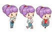 Vector illustration of kawaii chibi character isolated on white background. Cute cartoon girl with lavender color of hair. Girl in different pose. Standing, sitting and walking pose.