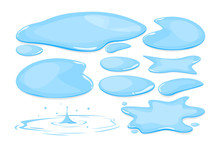 Water Puddle Set Vector Isolated. Blue Autumn Natural Liquid