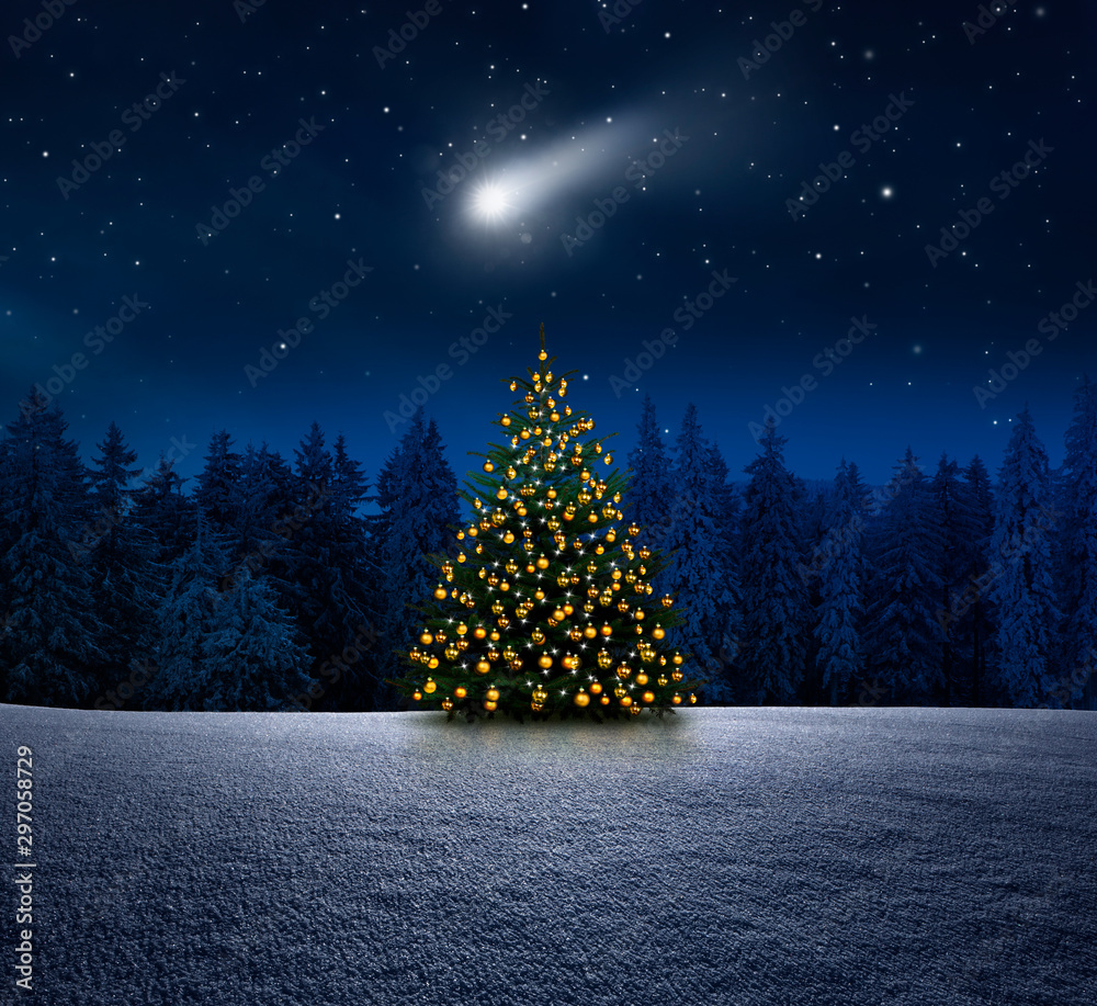 Leuchtender Weihnachtsbaum im Schnee bei Nacht an Heiligabend Stock Photo