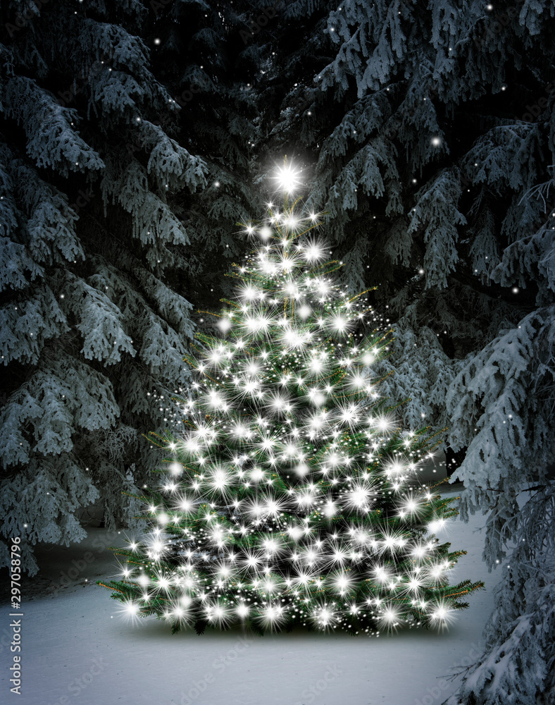Stock-Foto „Leuchtender Weihnachtsbaum im Schnee bei Nacht an Heiligabend“