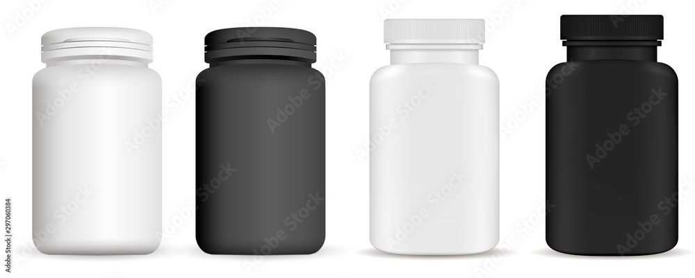 Medicine pill bottle. Vitamin package mockup. Plastic supplement jar 3d ...