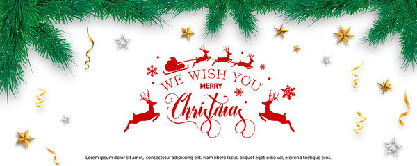 Canvas Print - Merry Christmas and Happy New Year. Banner with Christmas tree branches, gold star, confetti and text. Vector illustration.