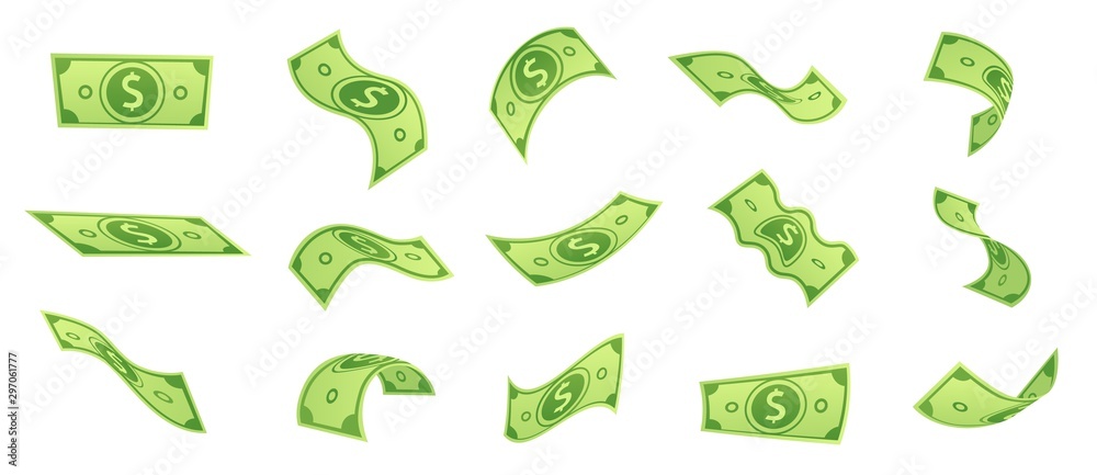Cartoon falling money bills. Flying green dollar bill, 3d cash and usd currency. American money float banknotes, banking finance investment or jackpot win. Isolated vector symbols set - obrazy, fototapety, plakaty 