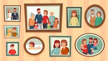 Cartoon Family Photo Frames. Happy People Portraits In Wall Picture Frames, Family Portrait Photos. Families Generation Framed Portraits, Dynasty Photograph Wall Decor Vector Illustration