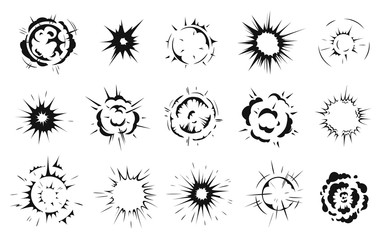 radial explosion silhouette. exploding bursts, round explosions cloud and exploded bomb effect black