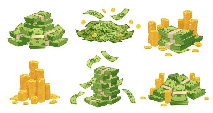 cartoon money and coins. green dollar banknotes pile, golden coin and rich. bank debt bill investmen