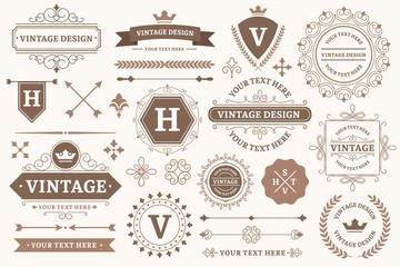 Wall Mural - Vintage sign borders. Elegant frame, luxurious old design and antique typography border. Best product stamp, decorative border frames or victorian wedding card logo. Isolated vector symbols set