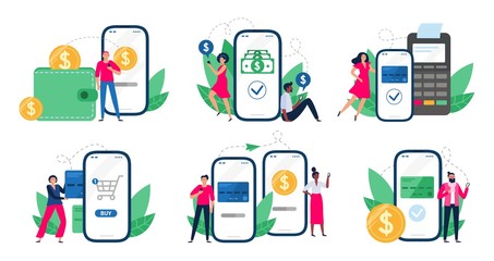 Poster - Mobile payments. People with smartphones send money transfers, POS-terminal payment and financial transactions. Bank app internet transaction technology. Isolated vector illustration icons set