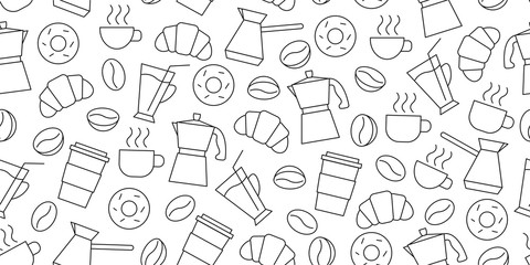 shopping seamless pattern of line icons of coffee beans, cups, donuts, croissants, cezve, coffee to 