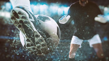 Football Scene At Night Match With Close Up Of A Soccer Shoe Hitting The Ball With Power