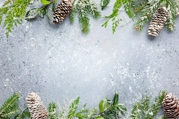 Wall Mural - christmas or winter background with a border of green and frosted evergreen branches and pine cones 