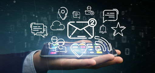 Businessman holding a cloud of social media network icon