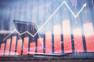 Aufkleber - Financial market graph hologram and personal computer on background. Double exposure. Concept of forex.