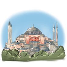 ISTANBUL, TURKEY - Hagia Sophia, Museum. Hand Drawn Sketch. Postcard, Poster