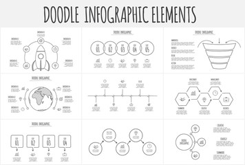 Poster - Doodle infographic set with funnel, rocket, earth, circles and other abstract elements. Hand drawn icons. Thin line illustration.