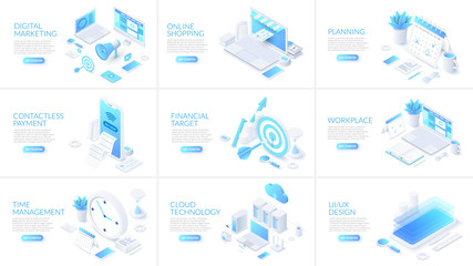 Poster - Isometric 3d illustrations set. Online shopping, planning, cloud technology and digital marketing with characters.