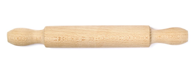 Wooden rolling pin for dough isolated on white background, top view