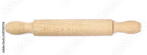 Fotografía Wooden rolling pin for dough isolated on white background, top view