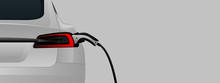 Back View Of Electric Car With A Charging Station. Vector Banner Template