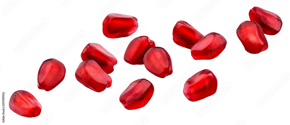 Falling pomegranate seeds isolated on white background with clipping path - obrazy, fototapety, plakaty 
