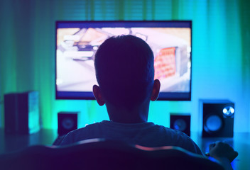 Poster - Boy as anonymous, using a computer or playing a game. View from back.