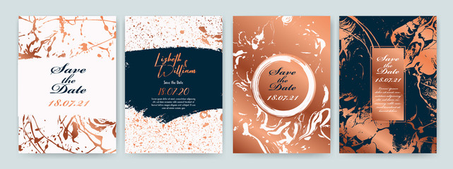 Poster - Set of design templates with copper texture, marble effect. Luxury and elegance. Copper, blue navy and white color.